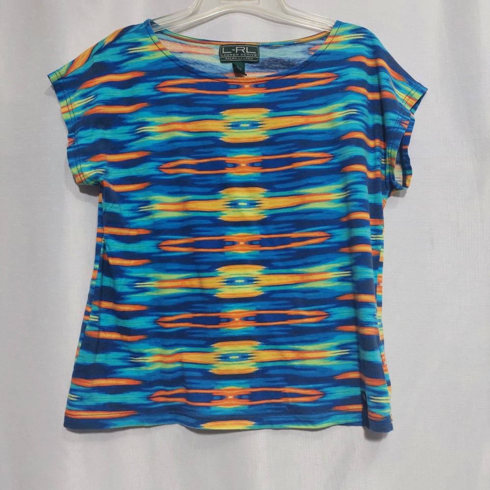 Lauren Ralph Lauren Womens L Abstract Cotton Print Active Tee Top Wave Pattern